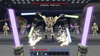 still from a video game showing five tan, weapon-wielding robots.