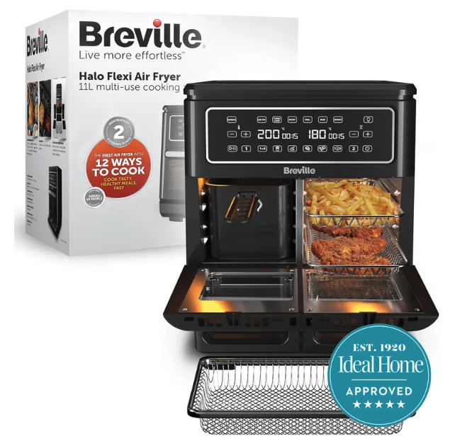 A large Breville air fryer with two pull out doors and multiple silver trays for cooking. In the right hand corner is a blue Ideal Home 5 stars approved badge