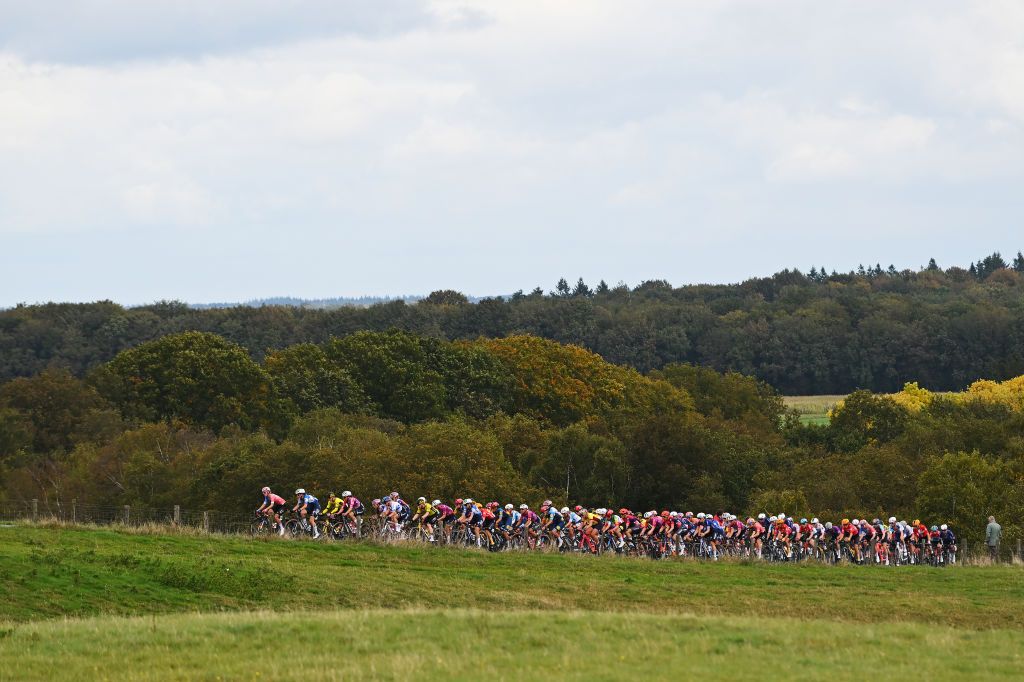 ASSEN NETHERLANDS OCTOBER 09 A general view of the peloton passing through a landscape during the 26th Simac Ladies Tour 2024 Stage 2 a 1548km stage from Coevorden to Assen on October 09 2024 in Assen Netherlands Photo by Luc ClaessenGetty Images