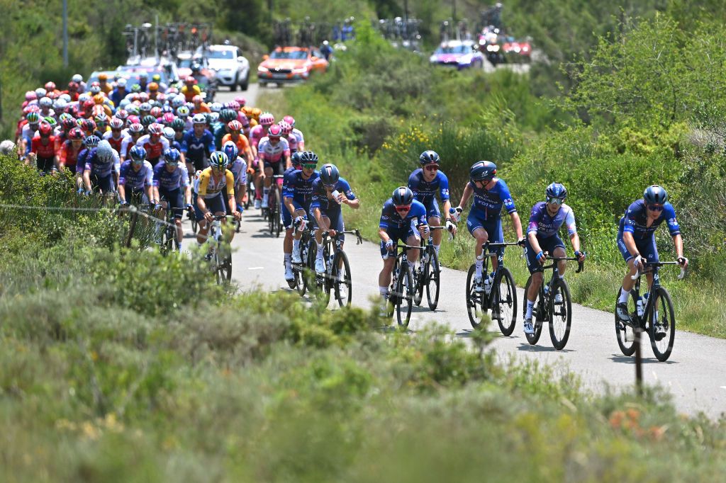 GRUISSAN FRANCE JUNE 15 Omer Goldstein of Israel and Team Israel Premier Tech Rudy Molard of France Paul Penhot of France Enzo Paleni of France Clment Davy of France Lorenzo Germani of Italy Bram Welten of The Netherlands Lars van den Berg of The Netherlands and Team Groupama FDJ lead the peloton during the 47th La Route DOccitanieLa Depeche Du Midi 2023 Stage 1 a 1843km stage from Narbonne to Gruissan on June 15 2023 in Gruissan France Photo by Luc ClaessenGetty Images
