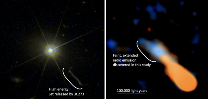 Quasar 3C 273 observed through the Hubble Space Telescope (left) and the ALMA radio telescope (right).