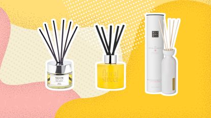 Best reed diffusers graphic with NEOM diffuser, Floral Street yellow diffuser and Rituals white diffuser box