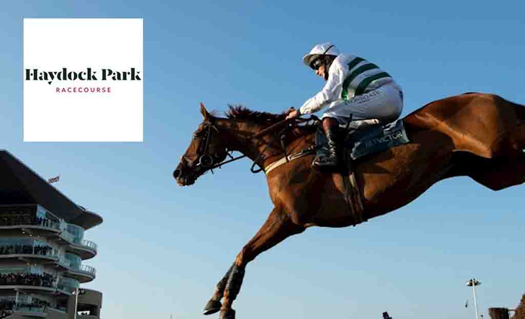 Haydock park logo placed over an image of a man riding a horse over a hurdle 