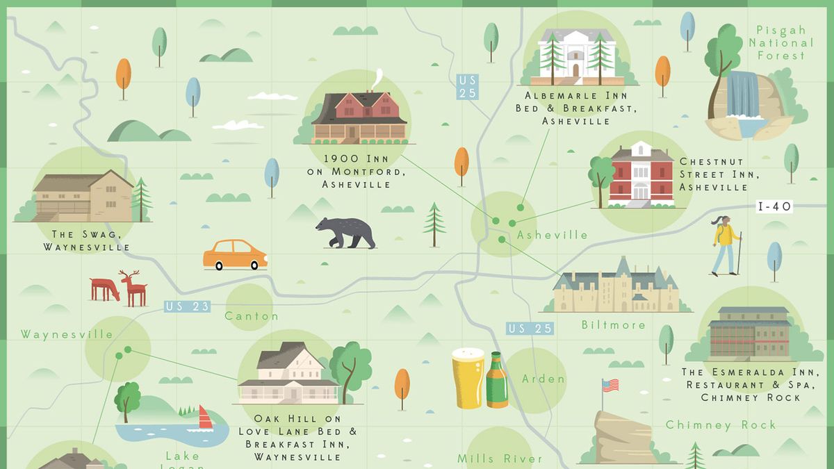 map of North Caroline with tourist spots marked out in illustrations, including a bear, some buildings and a beer