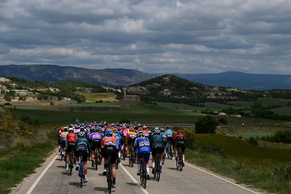 MEDINA DE POMAR SPAIN MAY 18 A general view of the peloton passing through a landscape during the 8th Vuelta a Burgos Feminas 2023 Stage 1 a 1156km stage from Quintanaortuo to Medina de Pomar UCIWWT on May 18 2023 in Medina de Pomar Spain Photo by Dario BelingheriGetty Images