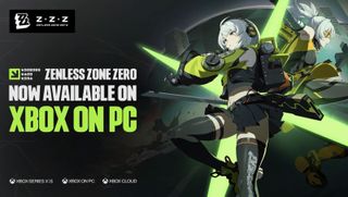 Anime character in a futuristic outfit with green accents, showcasing a dynamic pose with glowing weapons, promoting Zenless Zone Zero on Xbox.
