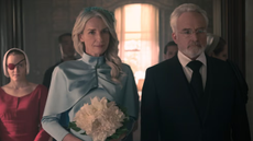 Madeline Brewer as Janine, Ever Carradine as Naomi and Bradley Whitford as Commander Lawrence in The Handmaid's Tale