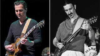 Dweezil Zappa (left) and Frank Zappa perform onstage