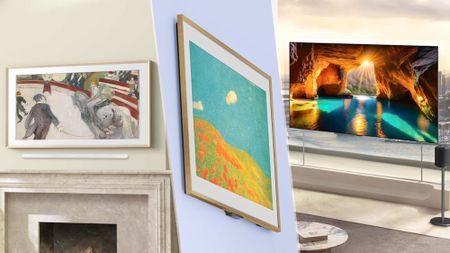 A side-by-side composite of three TVs: Samsung The Frame, Amazon Ember Artline and the LG W6 Wallpaper TV.