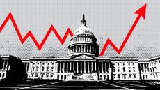 Illustration of the United States Capitol in Washington, DC, with a stock market chart line drawn behind it