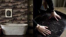 Split image. First is of a white marble bathtub in a dark, moody room with wallpaper that is a repeating pattern of the countryside. The second image is of Jeremiah Brent's hands touch a piece of black, textured wallpaper across a wooden table