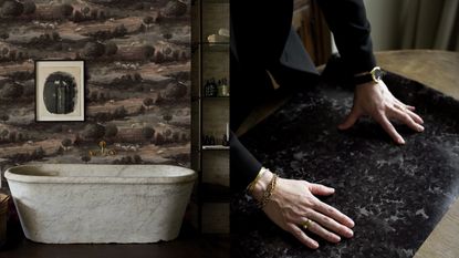 Split image. First is of a white marble bathtub in a dark, moody room with wallpaper that is a repeating pattern of the countryside. The second image is of Jeremiah Brent&#039;s hands touch a piece of black, textured wallpaper across a wooden table