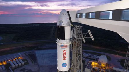 SpaceX's Crew-13 Crew Dragon capsule and Falcon 9 rocket on the pad in Florida ahead of their planned Oct. 1, 2026 launch.