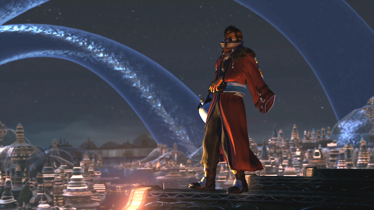 Auron looks out across Zanarkand as Sin attacks in the opening of Final Fantasy 10