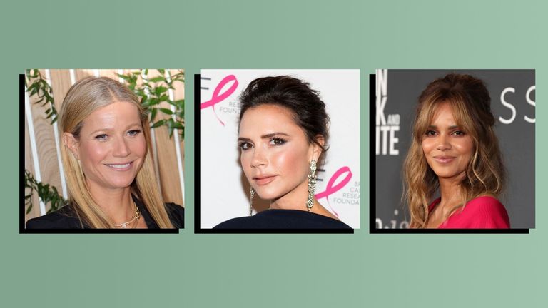 Gwyneth Paltrow, Victoria Beckham and Halle Berry all with beautiful celebrities skin on a green background