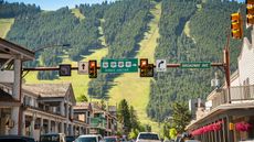Jackson Hole, Wyoming. City streets and mountains on a summer day.