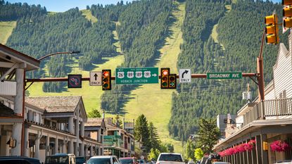 Jackson Hole, Wyoming. City streets and mountains on a summer day.