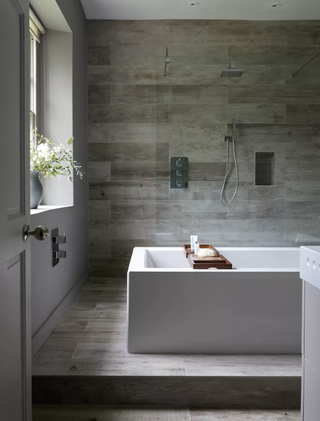 Bathroom with wood look floor tile