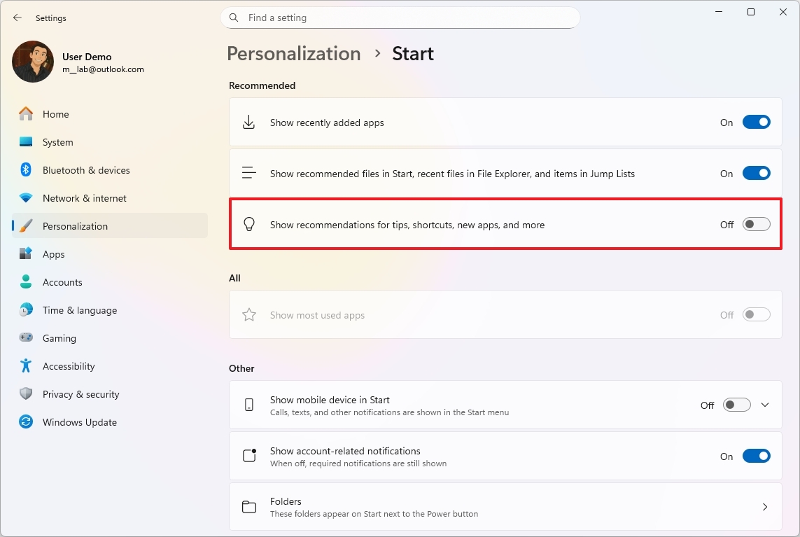 Show recommendations for tips, shortcuts, new apps, and more