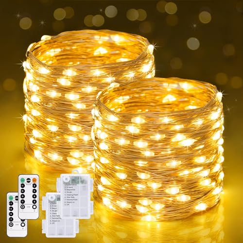 Jmexsuss 2 Pack Fairy Lights Battery Operated With Remote, Total 400 Led 132ft Battery Powered String Lights, Christmas Twinkle Lights for Bedroom Indoor Outdoor Patio Tree Christmas Decor, Warm White
