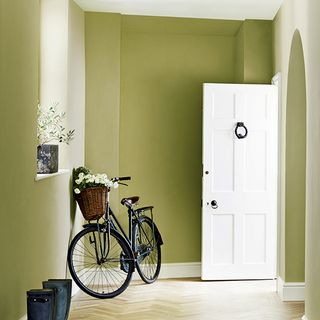 hallway with olive green walls and white door