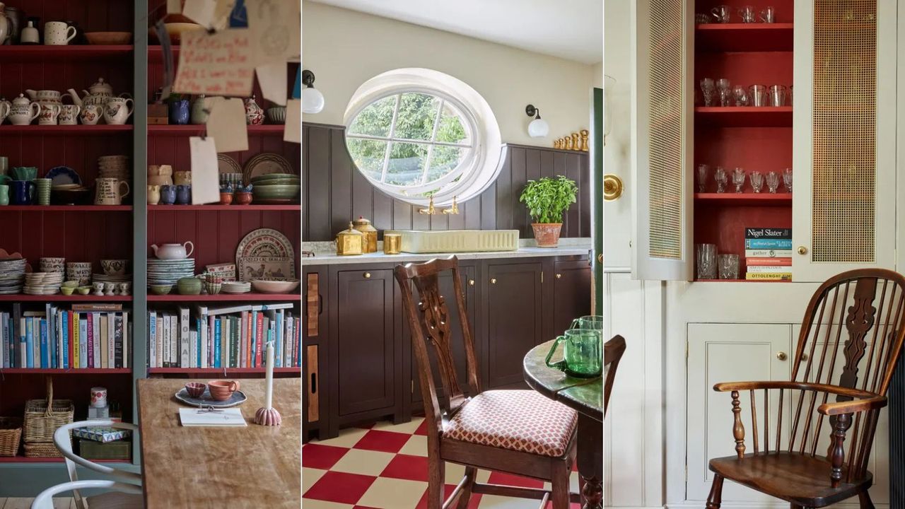 Farrow &amp; Ball kitchens with pops of red