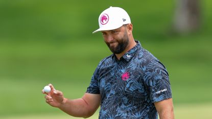 Jon Rahm of Spain waves his ball on the 16th green during a practice round prior to the 2024 PGA Championship at Valhalla Golf Club on May 15, 2024 in Louisville, Kentucky.