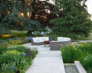 summer garden with outdoor seating area