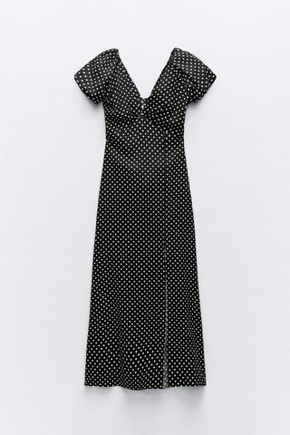 LINEN BLEND POLKA DOT MIDI DRESS