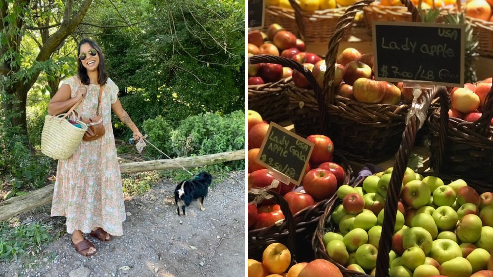 Sam Seneviratne with her dog outdoors; selection of apples from the farmers&#039; market