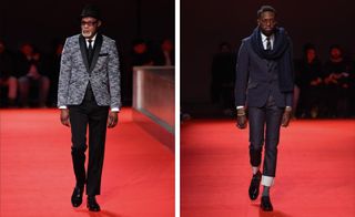 Two images of male models walking the red carpet