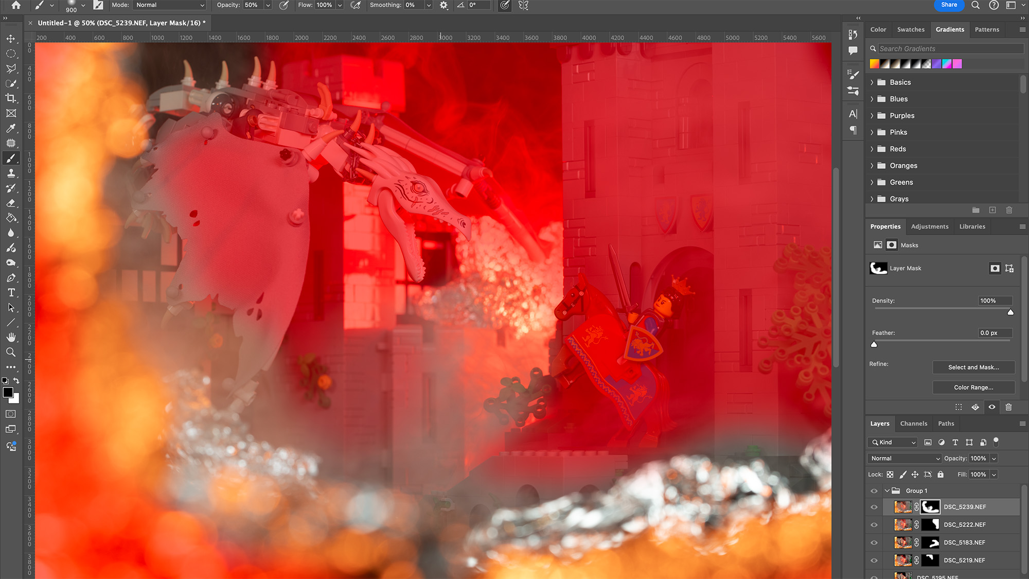 Adobe Photoshop screenshot showing toy photography image with a red masking overlay