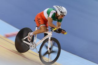 Bahman Golbarnezhad of Iran of Cuba competes in Men's Individual C4-5 1km Cycling Time Trial final on day 2 of the London 2012 Paralympic Games at Velodrome