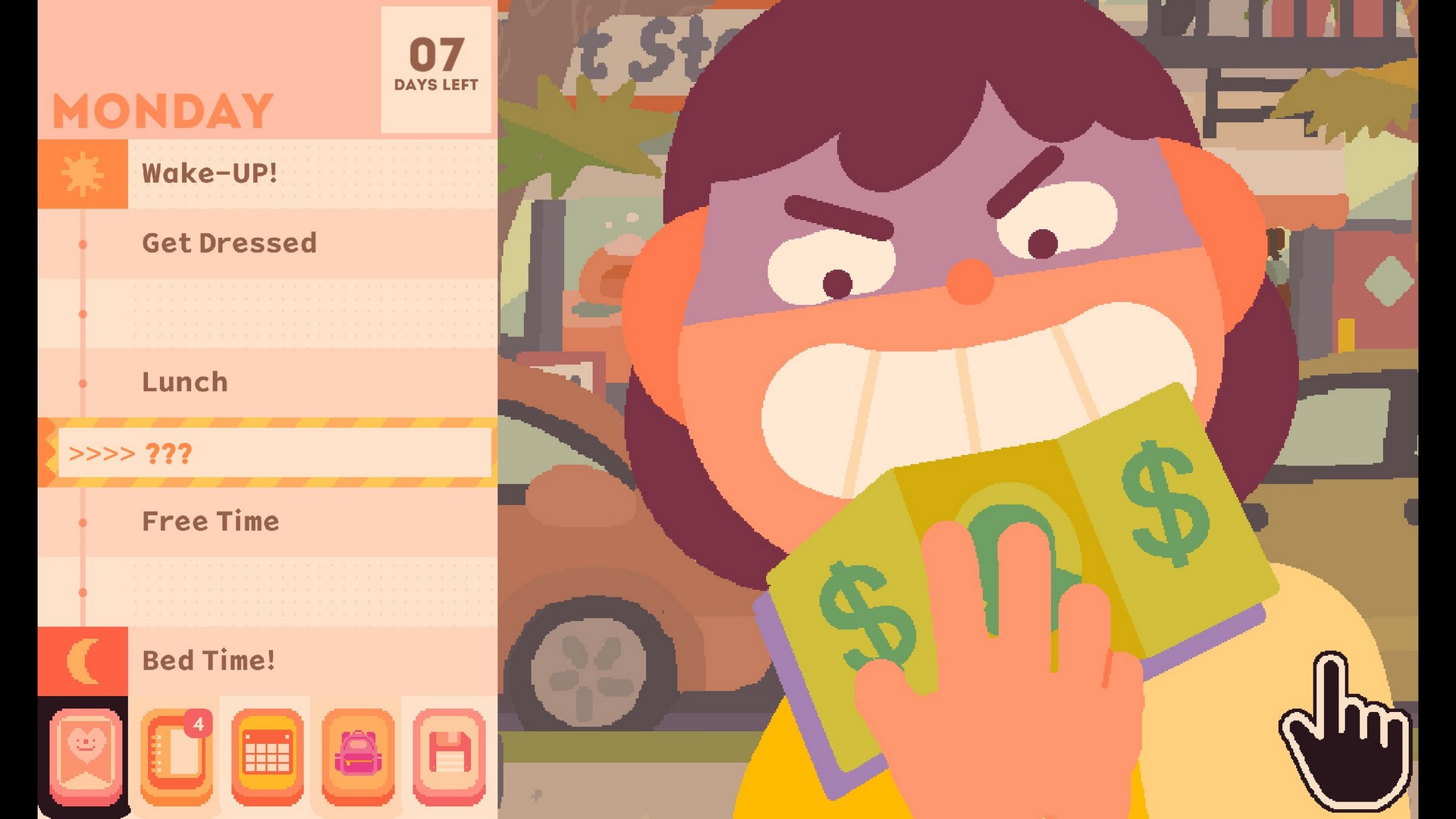 Jenny clasps a dollar bill in Consume Me with a wide and mischievous grin