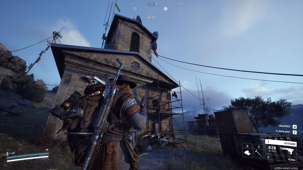 Arc Raiders A First Foothold: A player looking up at a delapidated church with scaffolding on it.