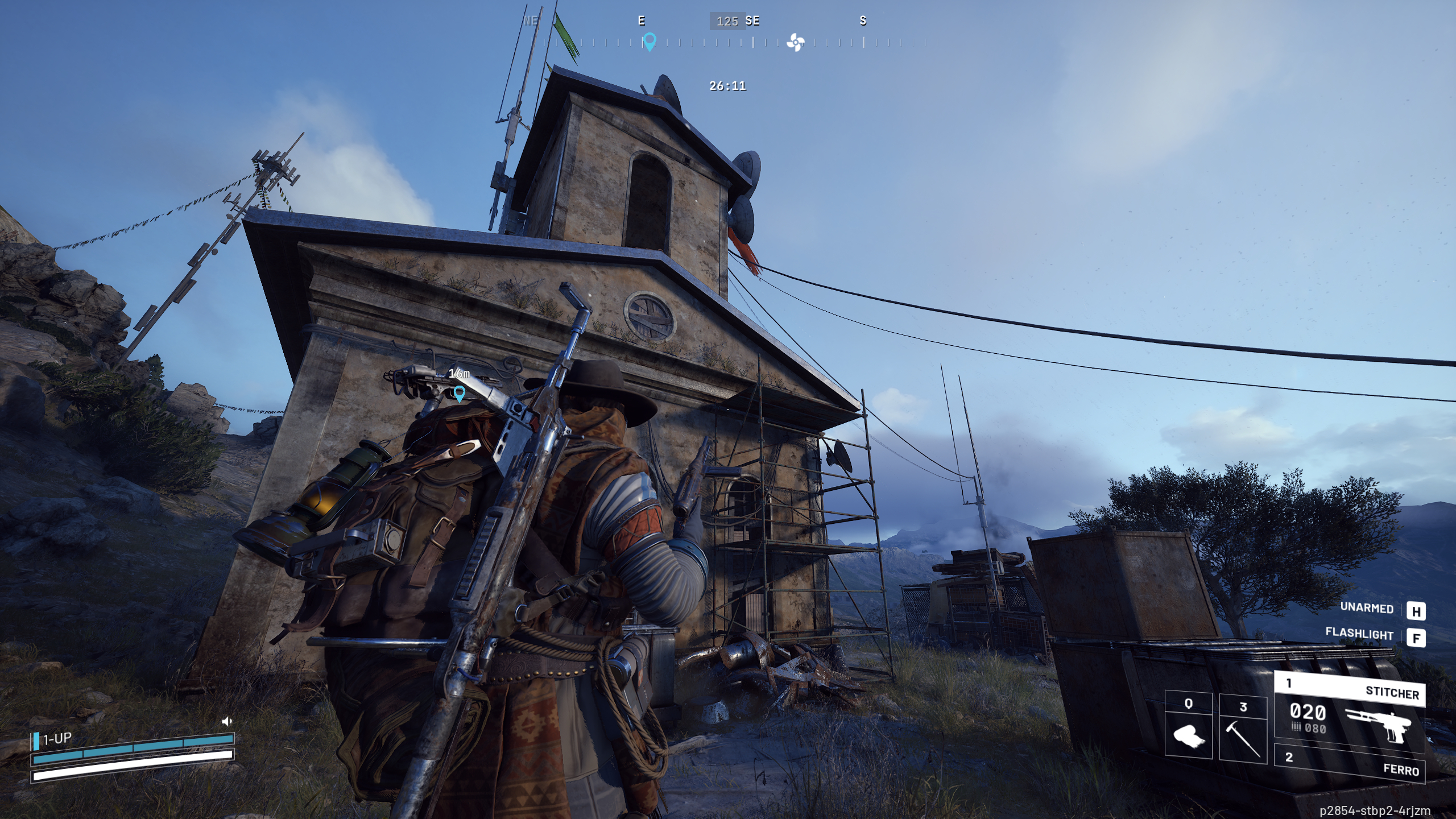 Arc Raiders A First Foothold: A player looking up at a delapidated church with scaffolding on it.