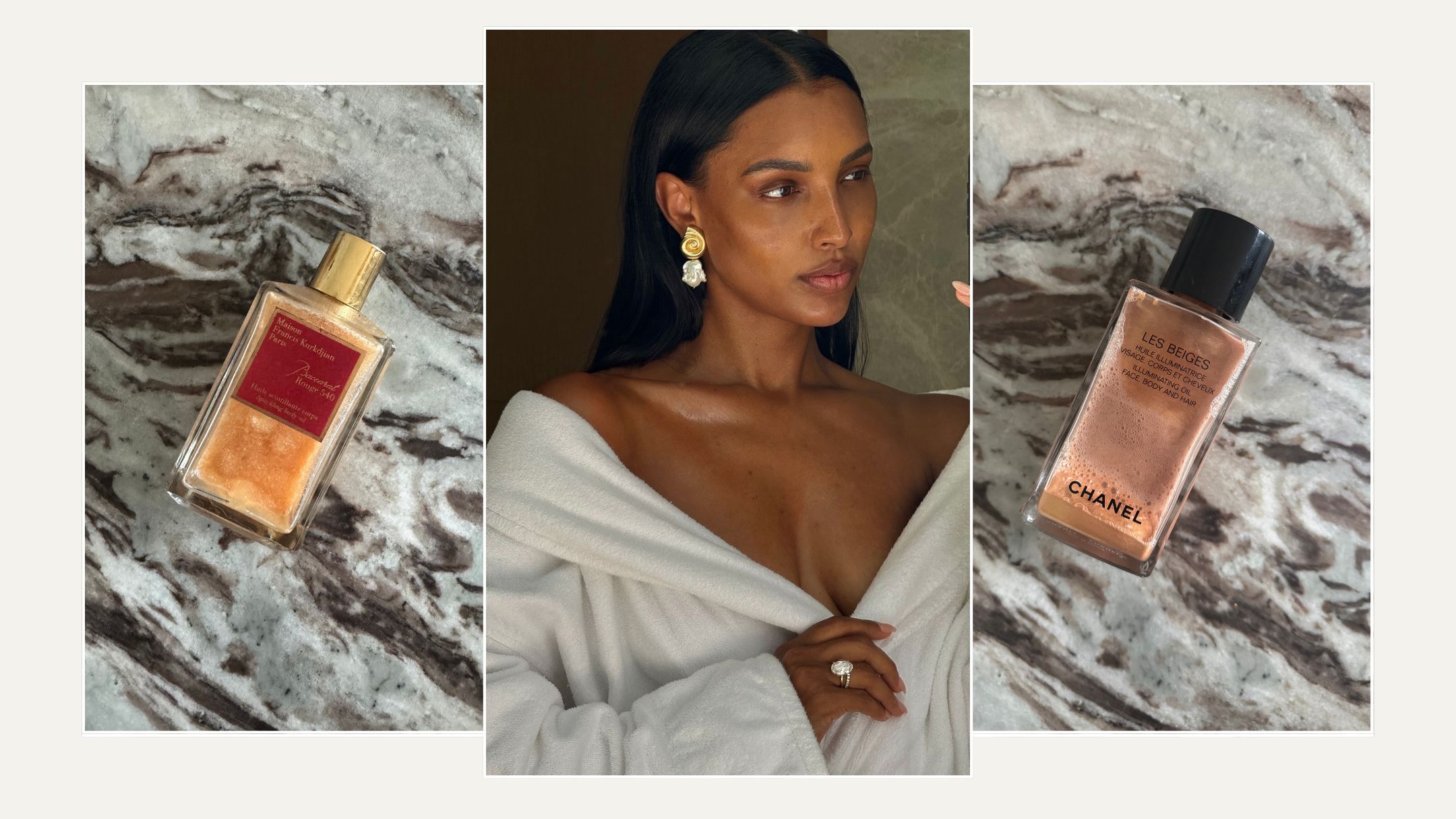 A collage with a selfie of Jasmine Tookes in a white dressing gown, coupled with two pictures of Chanel and Maison Francis Kurkdjian body oils on either side