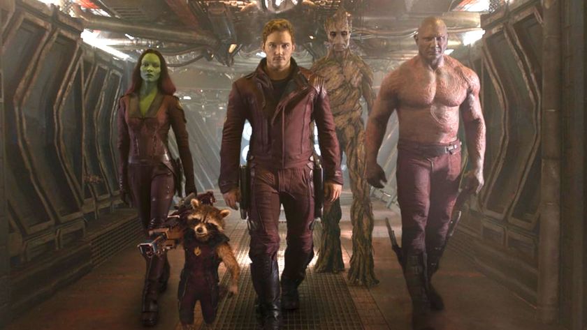 Chris Pratt as Peter Quill and the rest of the gang in the superhero movie, Guardians of the Galaxy. 