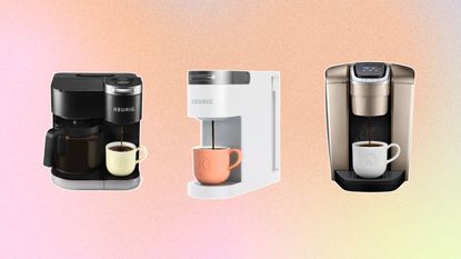 Three different Keurig coffee machines in black, white, and gold all on a pastel gradient background