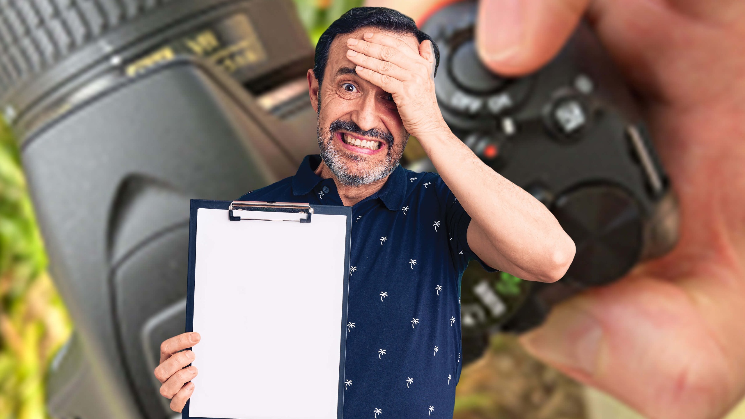 Man with anxious expression holding clipboard.