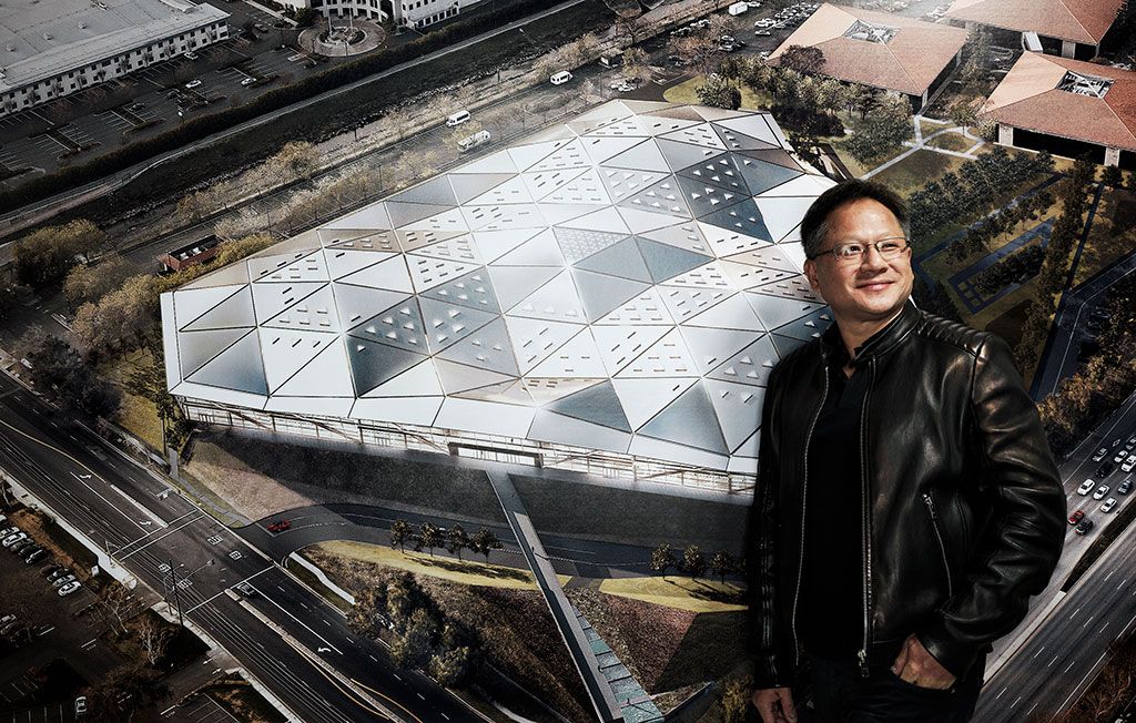 Nvidia&#039;s CEO overlaid on the company&#039;s HQ in California