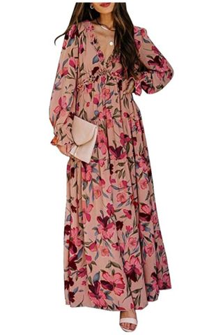 BLENCOT Womens Floral Deep V Neck Long Evening Dress