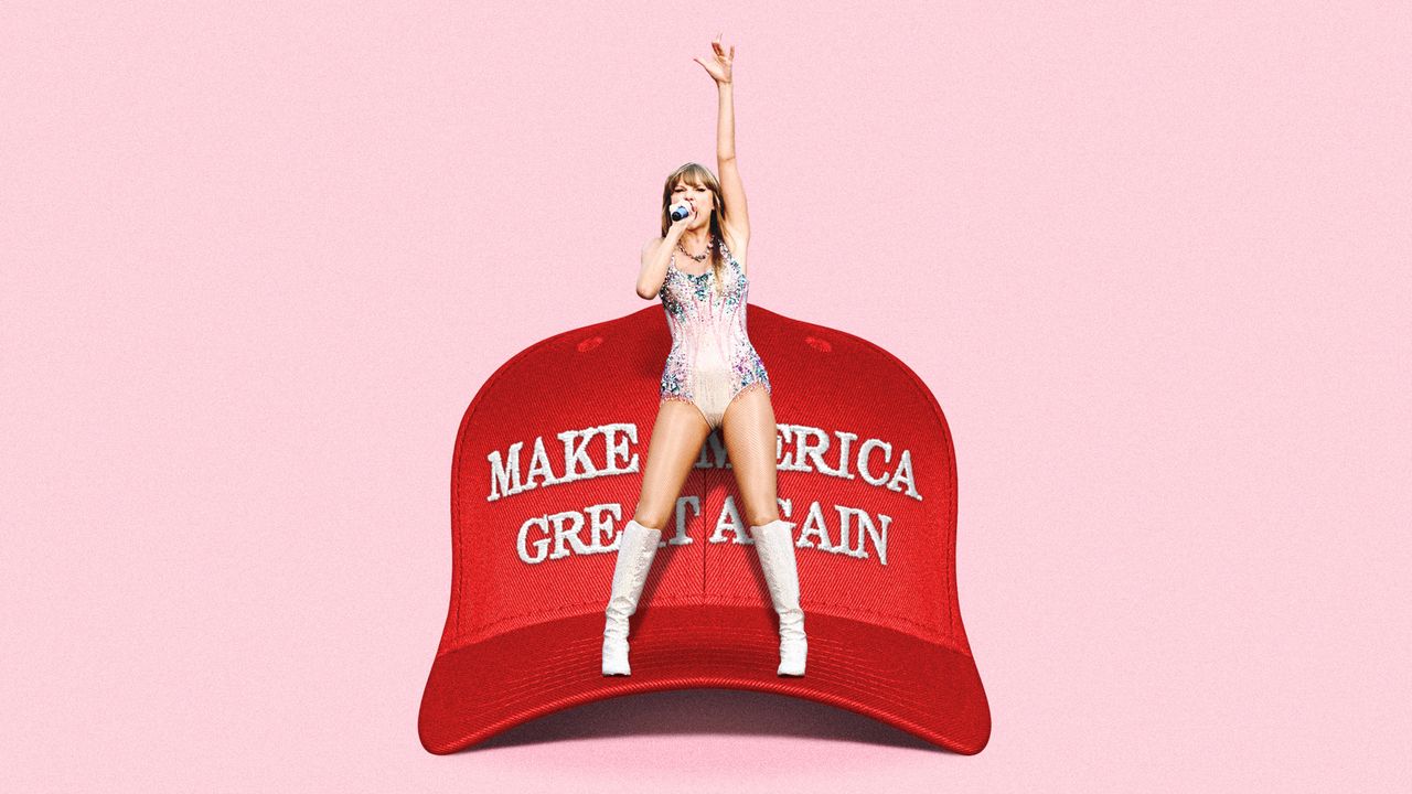 Taylor Swift performing on top of a red MAGA hat