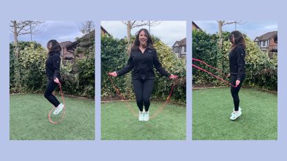 Susan Griffin using doing skipping every day in her back garden, using pink skipping rope, wearing workout clothes