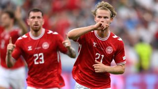 Denmark's Morten Hjulmand celebrates scoring the equaliser in his side's 1-1 draw with England.