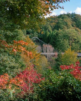 Suspension bridge extending from a tunnel dug through the mountains, Miho Museum (1991–1997), Shigaraki, Shiga, 2021