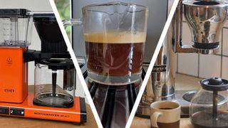 Split image of two drip coffee makers, and a glass cup of espresso