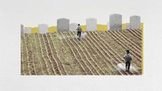 Photo collage of farmers spraying crops with Roundup. They are walking towards a row of gravestones at the end of the rows of crops.