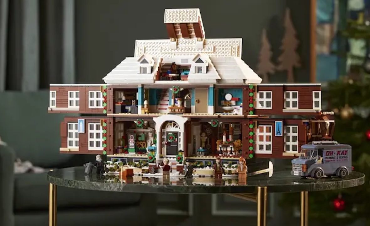 Home Alone Lego house on display with the front panels open.