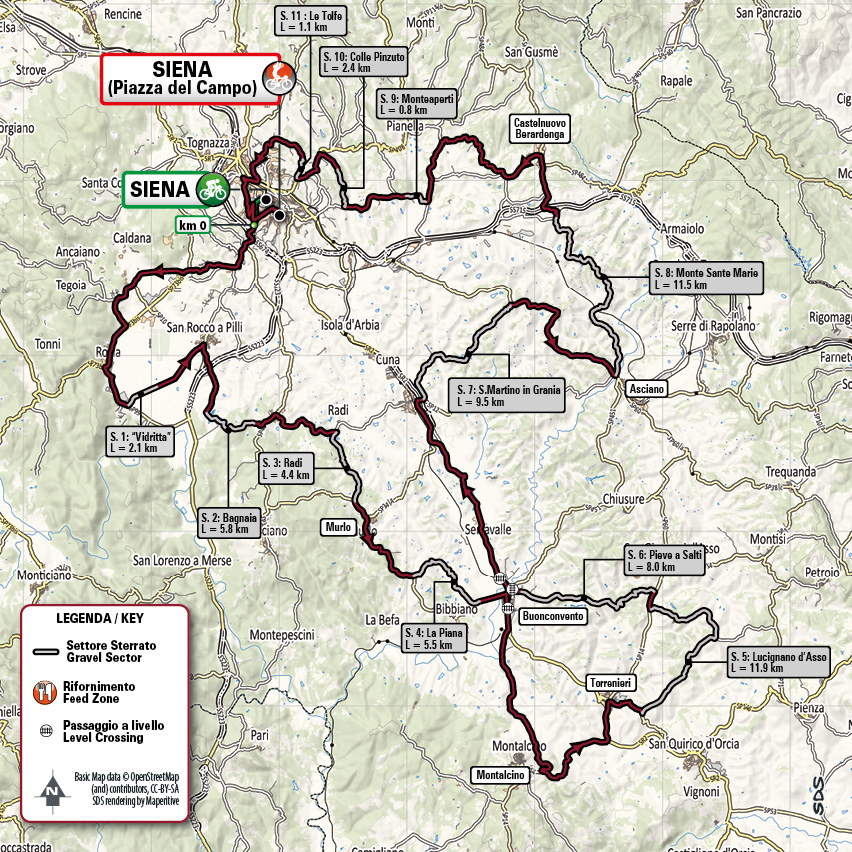 Map and profile for the 2023 Strade Bianche cycling race